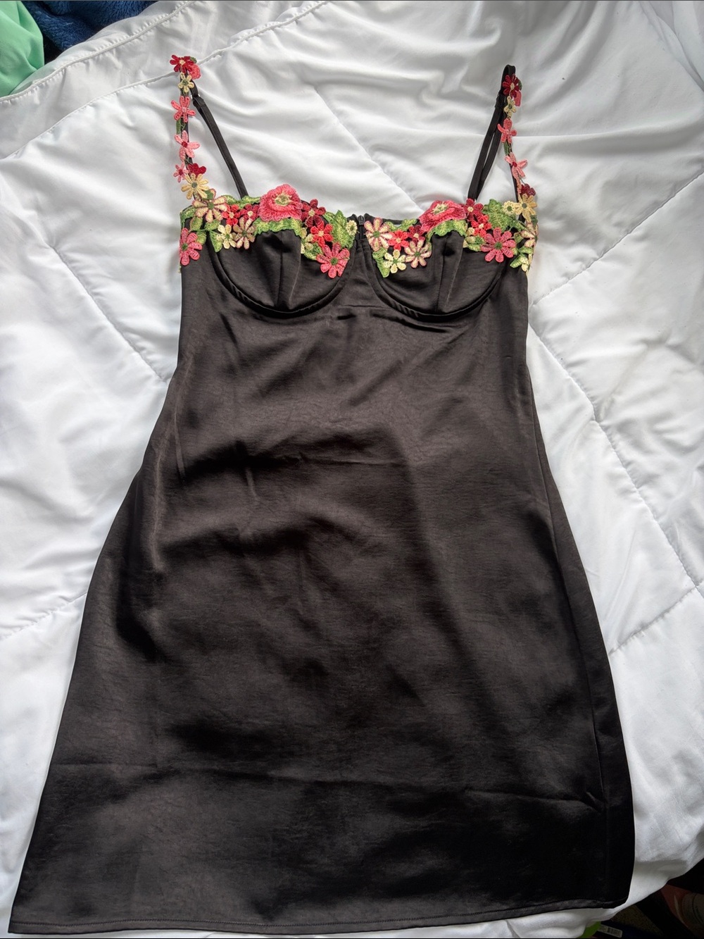 Princess Polly Black Dress with Pink & Green Floral Embroidery